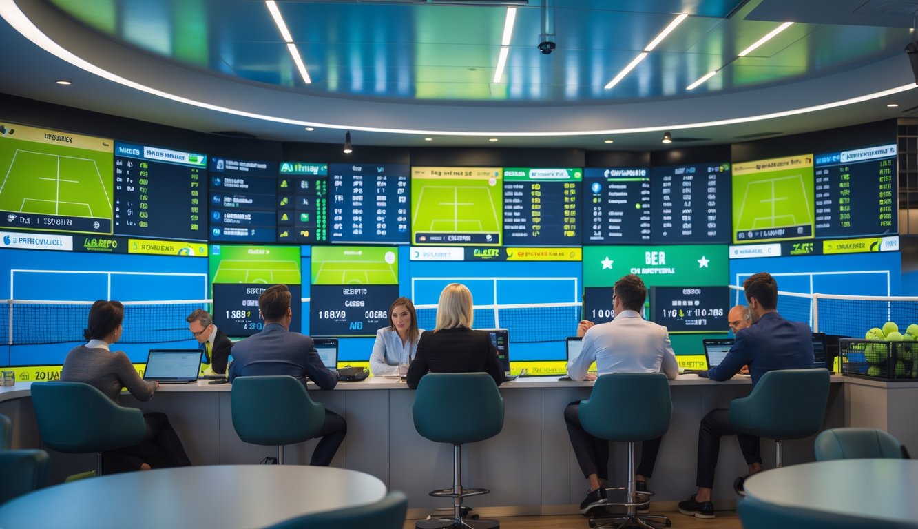 Orang-orang sedang melihat layar besar dengan statistik dan skor pertandingan tenis di sebuah ruangan modern.