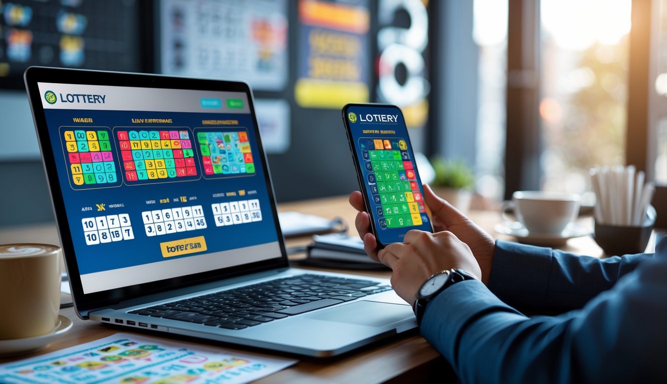 Seorang pemain berpengalaman sedang menganalisis nomor togel online di depan laptop di ruang kerja modern.