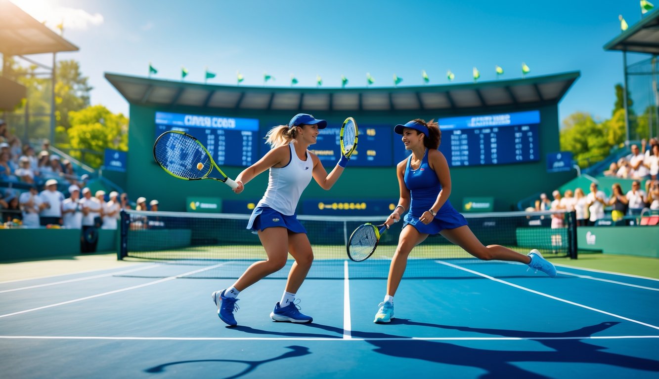 Dua pemain tenis sedang bertanding di lapangan tenis dengan penonton di latar belakang.