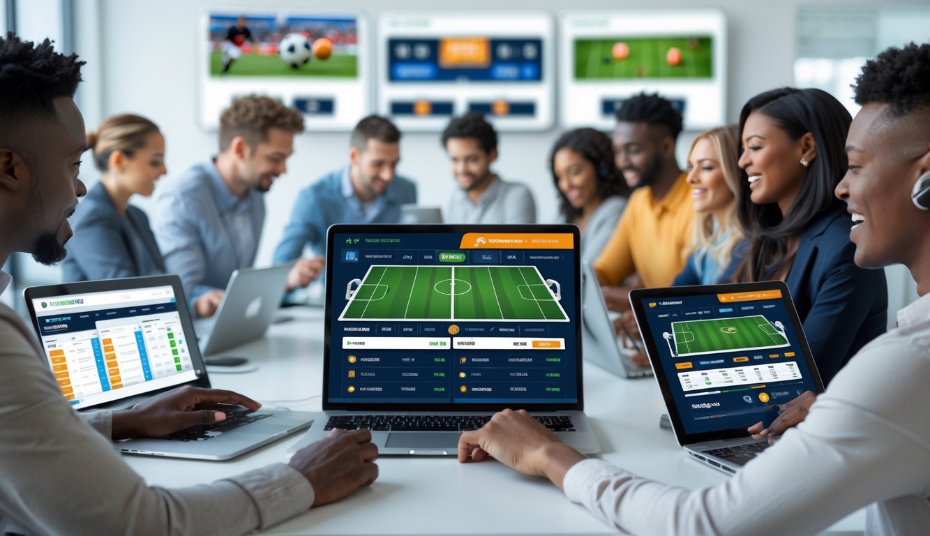Orang-orang menggunakan perangkat digital untuk mengakses taruhan olahraga online di sebuah ruang kerja modern.