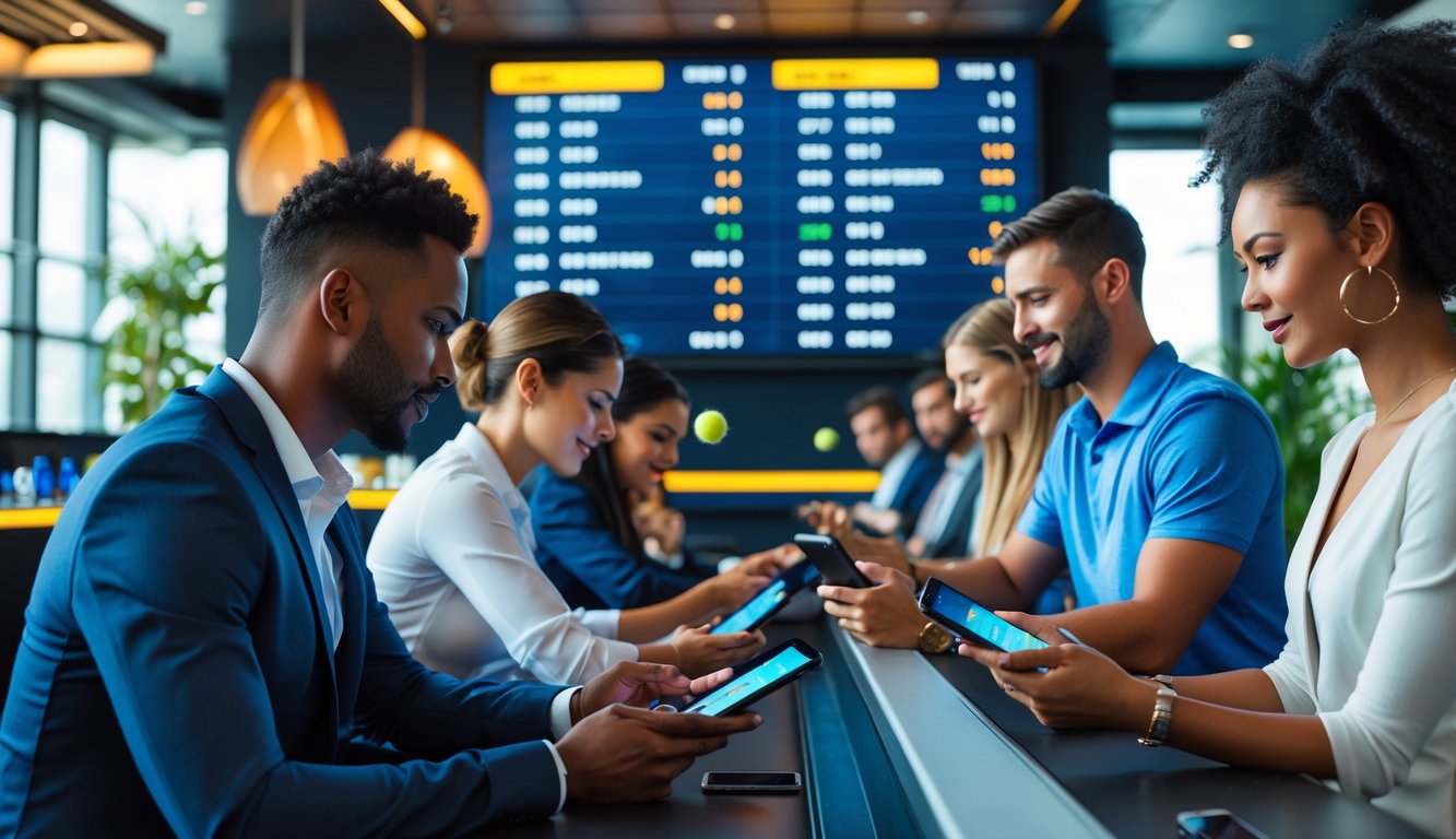 Orang-orang sedang memasang taruhan langsung pada pertandingan tenis menggunakan perangkat elektronik di sebuah ruang taruhan modern.