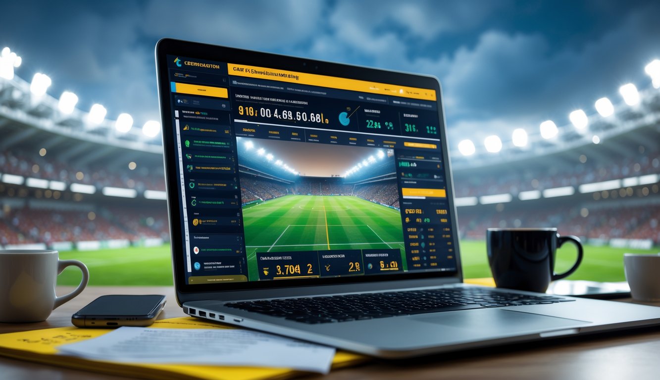 Sebuah ruang kerja modern dengan laptop menampilkan statistik pertandingan sepak bola, smartphone dengan peluang taruhan, dan latar belakang stadion olahraga yang sedang berlangsung.