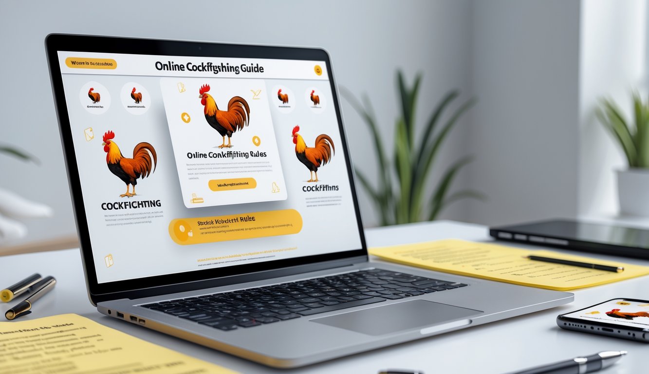 Meja kerja dengan laptop yang menampilkan gambar ayam jago dan aturan permainan, dikelilingi catatan dan ponsel.