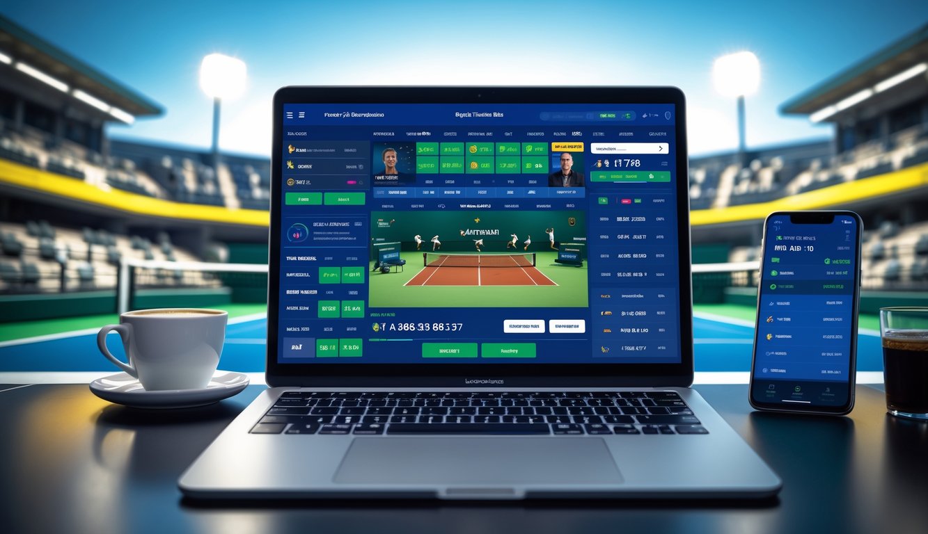 Seorang pria menggunakan laptop dengan layar menampilkan statistik pertandingan tenis, di latar belakang terlihat lapangan tenis dengan pemain yang sedang bertanding.