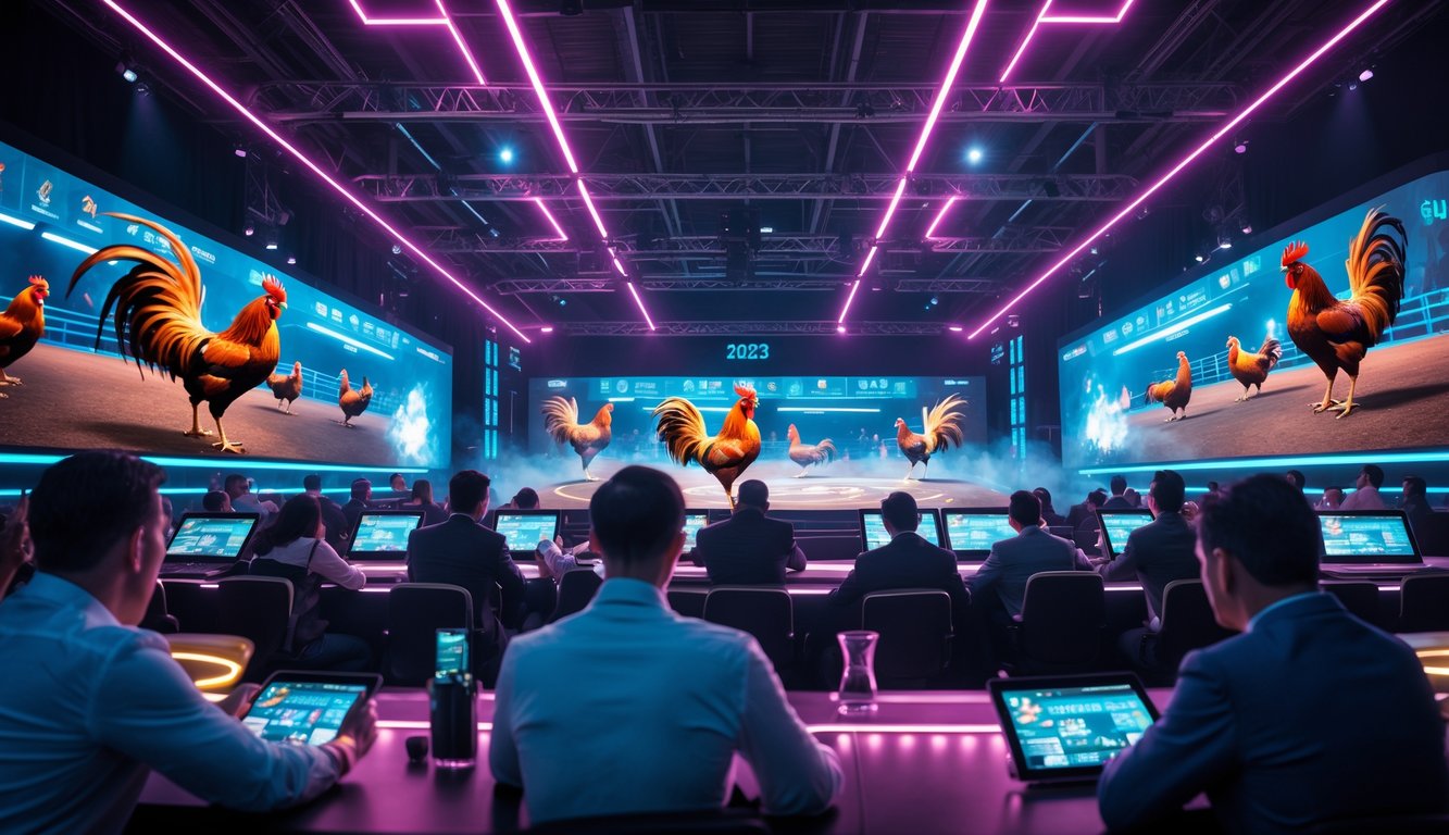 Arena digital sabung ayam dengan layar besar dan penonton yang antusias menggunakan perangkat modern untuk menyaksikan pertarungan.