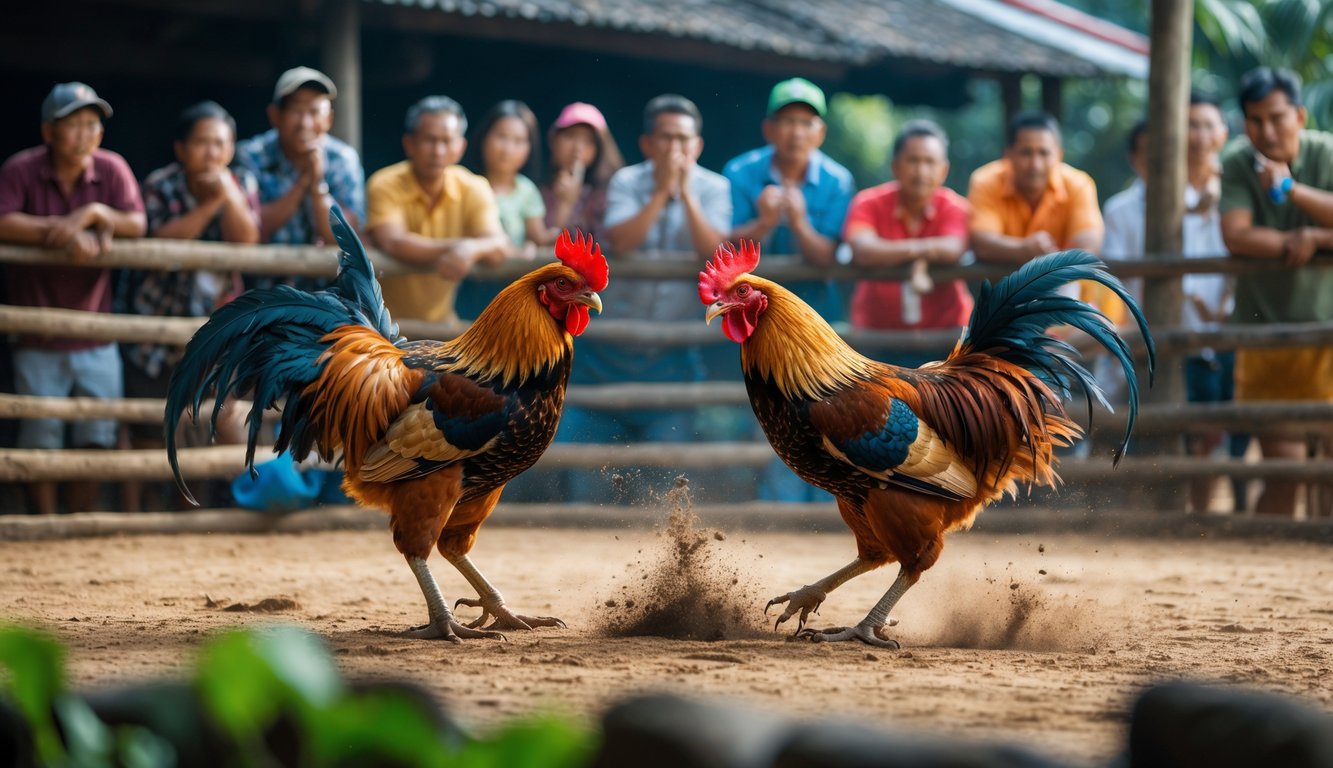 Dua ayam jago sedang bertarung di arena terbuka dengan penonton yang memperhatikan dengan antusias.