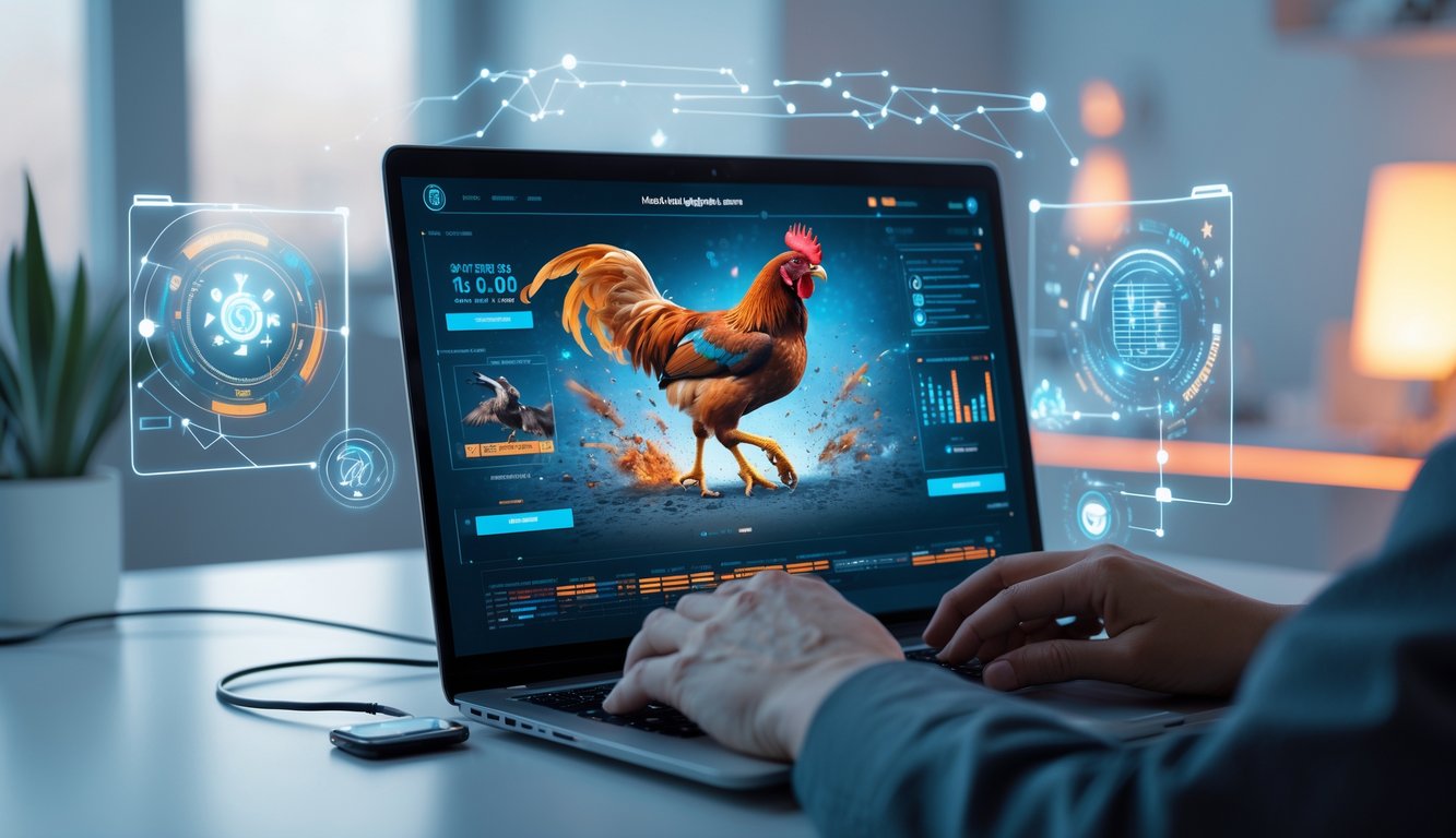 Seseorang menggunakan laptop yang menampilkan video langsung pertandingan sabung ayam dengan elemen teknologi canggih di sekitar layar.