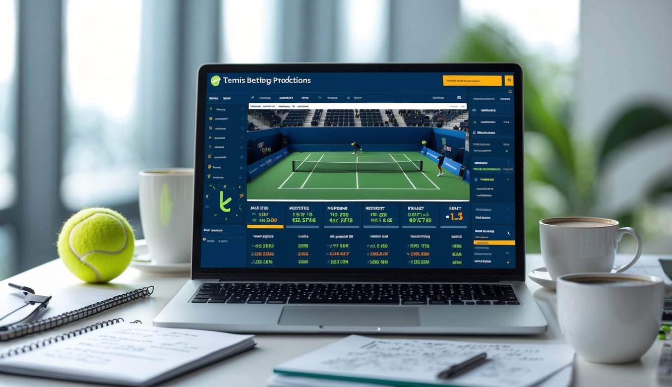 Sebuah ruang kerja modern dengan laptop yang menampilkan statistik dan peluang taruhan tenis, dikelilingi bola tenis, kopi, dan catatan.