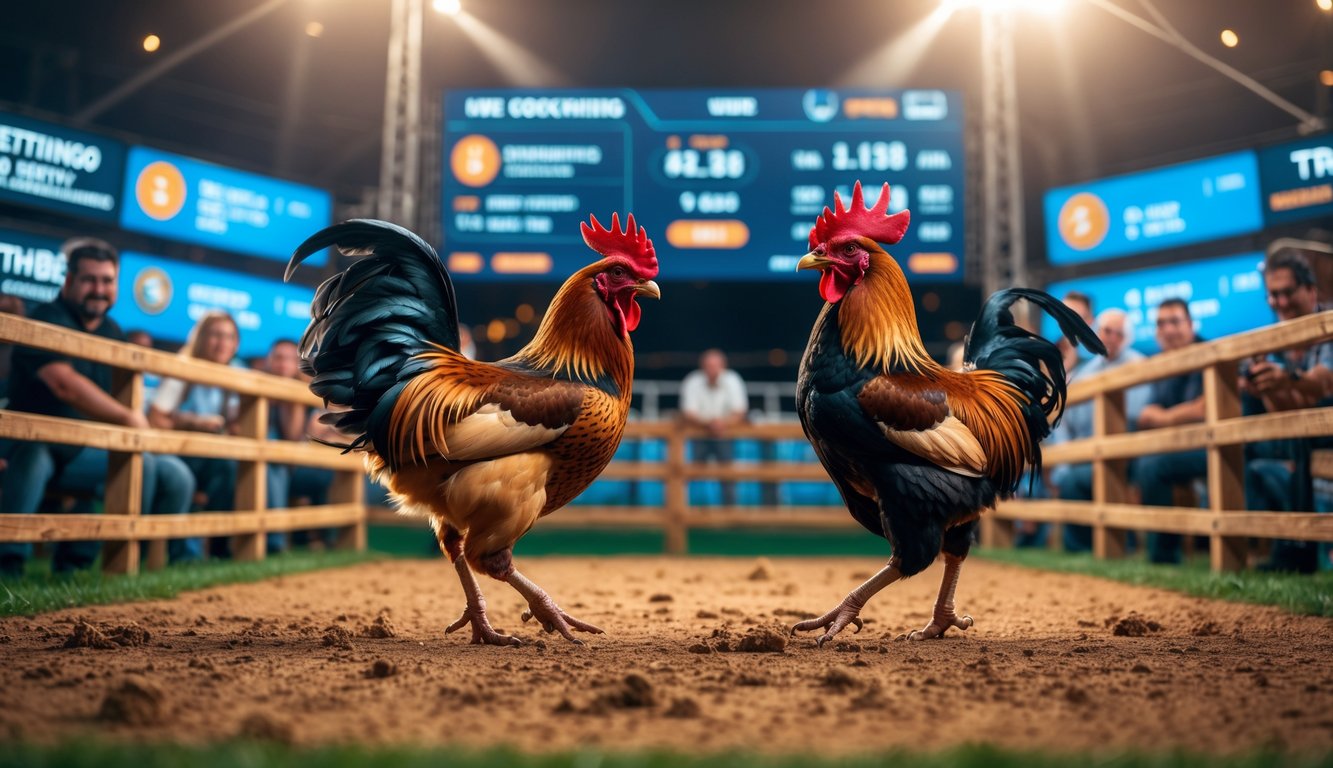 Arena tarung ayam dengan dua ayam bertarung di depan penonton yang antusias, beberapa orang memegang ponsel untuk memasang taruhan online.