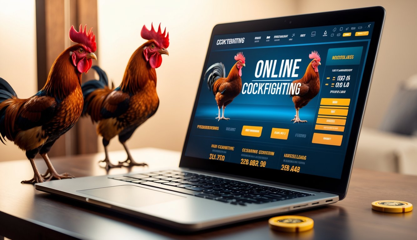 Sebuah laptop menampilkan situs judi sabung ayam online dengan gambar dua ayam jantan berpose dinamis dan beberapa chip taruhan di sekitarnya.