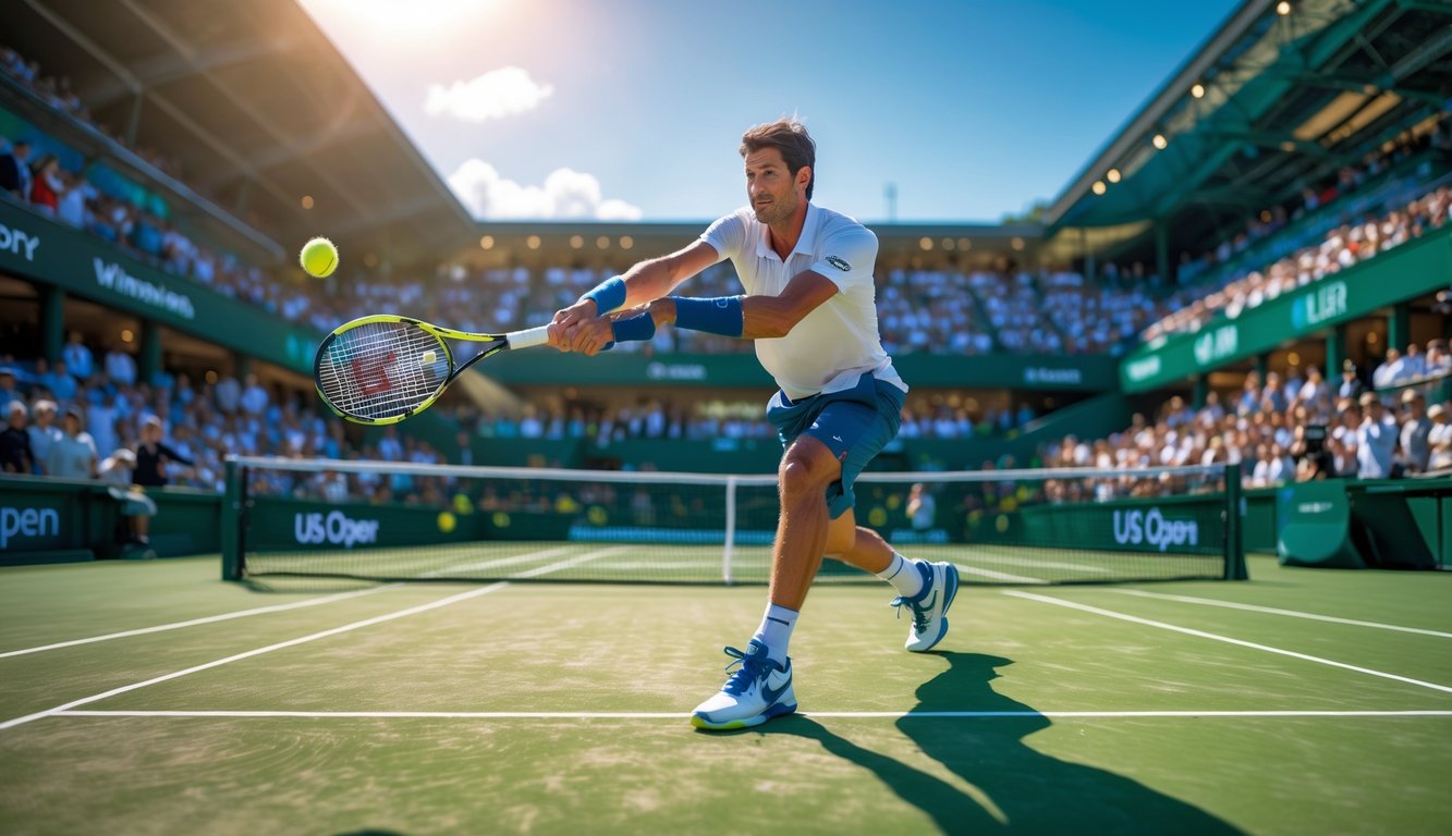Seorang pemain tenis pria sedang memukul bola di lapangan rumput dengan penonton di latar belakang dan lapangan tenis keras biru terlihat jauh.