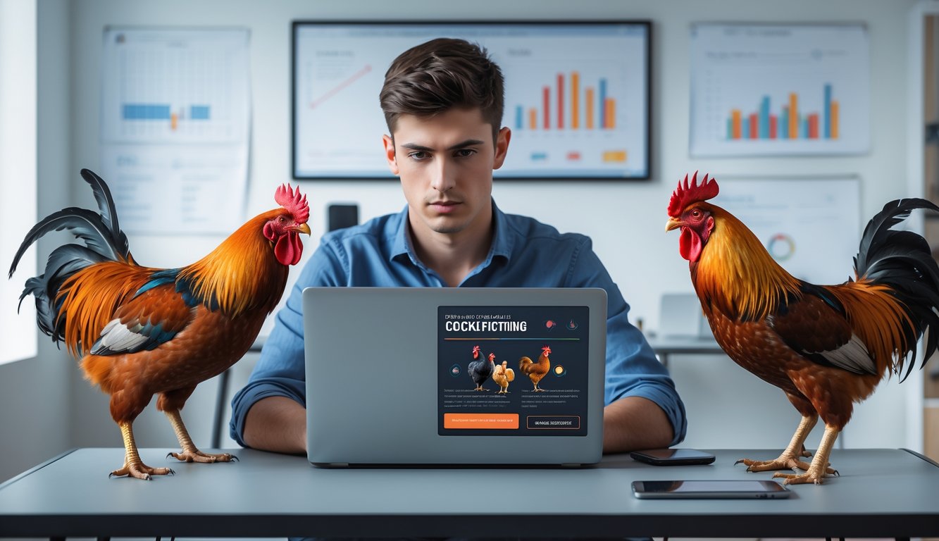 Seorang pria duduk di meja dengan laptop terbuka dan dua ayam jago kuat berdiri di sampingnya.