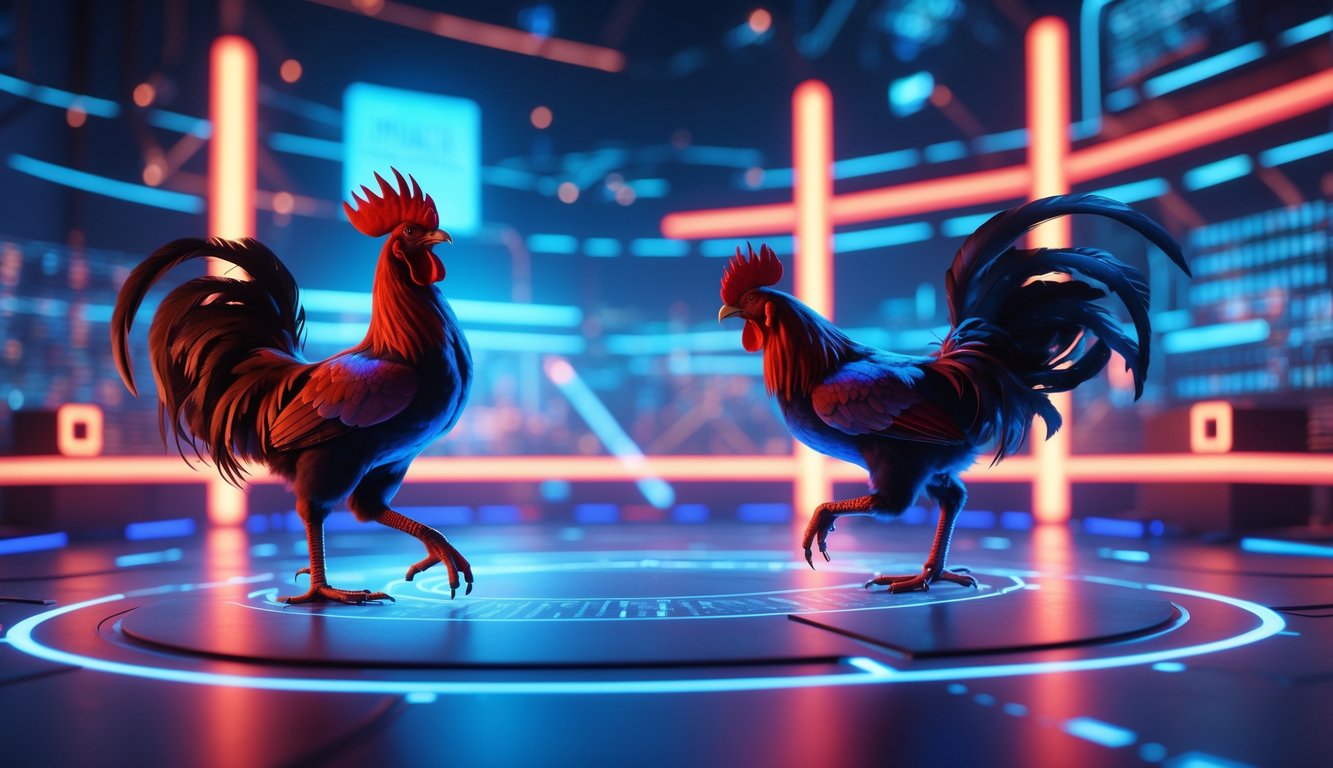 Ilustrasi arena sabung ayam digital dengan antarmuka futuristik dan siluet ayam jago yang sedang bertarung.