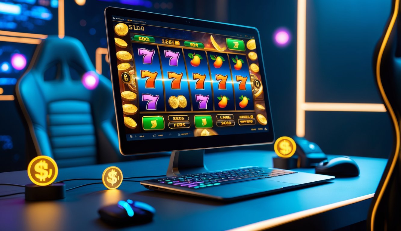 Sebuah komputer menampilkan permainan slot online dengan simbol berwarna cerah di layar, dikelilingi oleh lingkungan gaming yang modern dan nyaman.