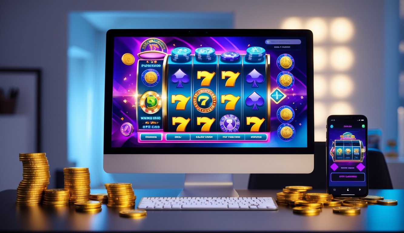 Sebuah layar komputer menampilkan permainan slot online dengan simbol jackpot dan koin emas di sebuah ruangan gaming modern.