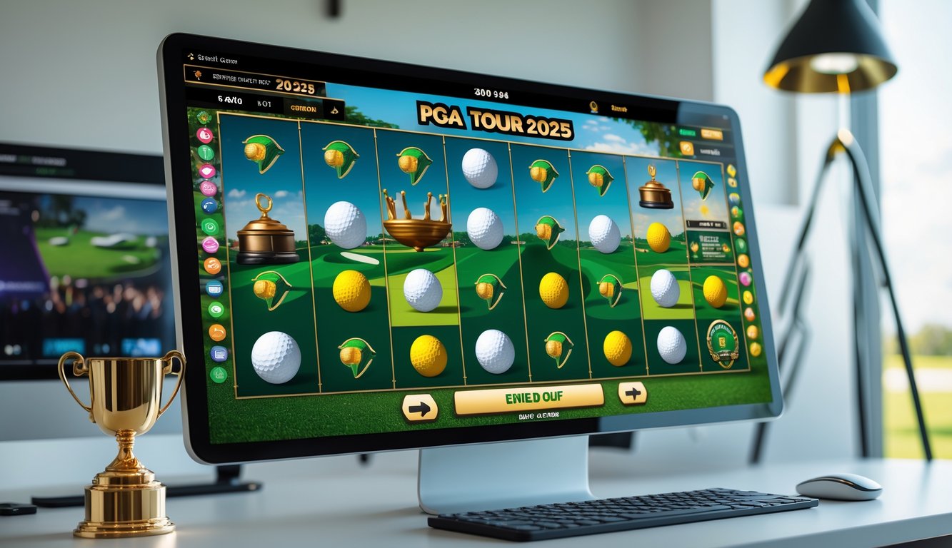 Layar komputer menampilkan mesin slot online dengan tema golf, dikelilingi oleh dekorasi bertema golf di ruang kerja.