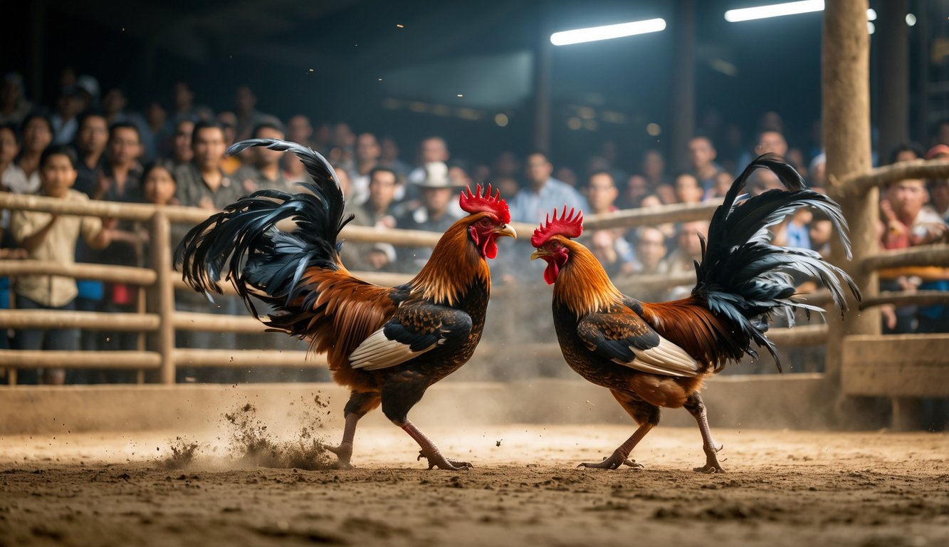 Dua ayam jago bertarung di arena dengan penonton yang antusias menyaksikan dari sekeliling.
