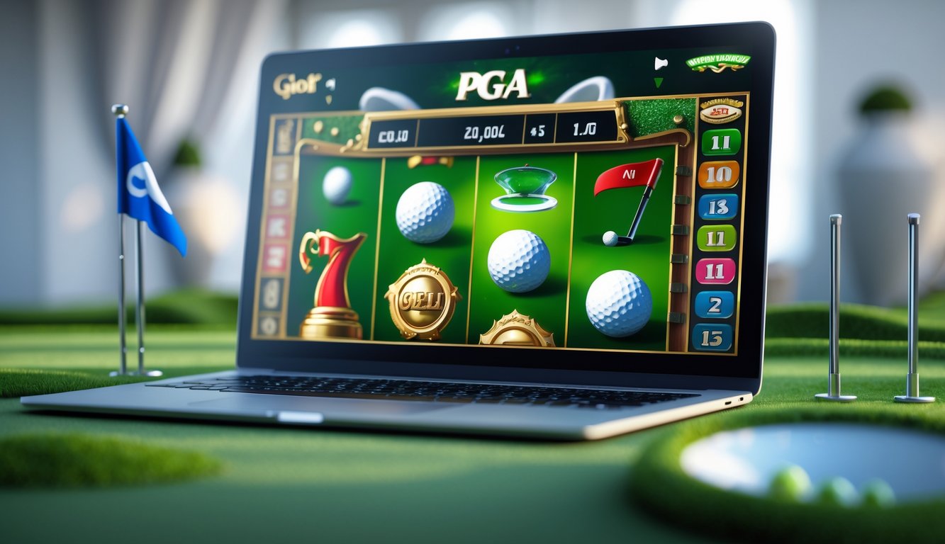 Layar komputer menampilkan permainan slot online bertema golf dengan simbol bola golf, tongkat golf, dan piala.
