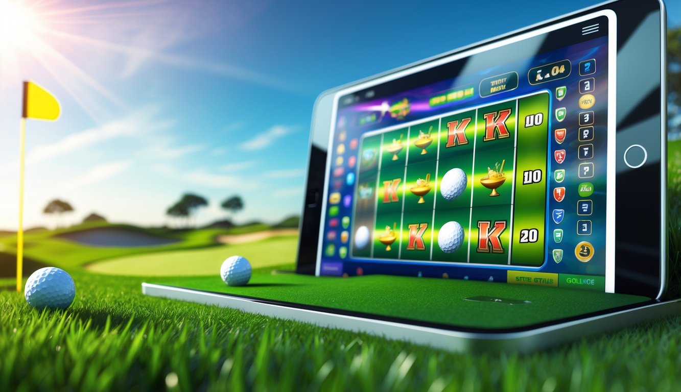 Layar perangkat menampilkan permainan slot online dengan simbol terkait golf dan latar belakang lapangan golf hijau.