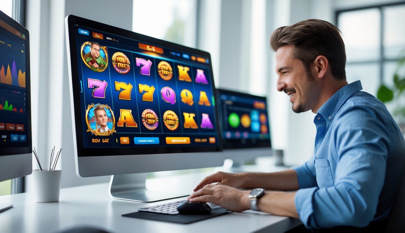 Seorang pemain sedang bermain permainan slot online di komputer dengan tampilan layar penuh simbol warna-warni dan suasana ruangan yang terang dan rapi.