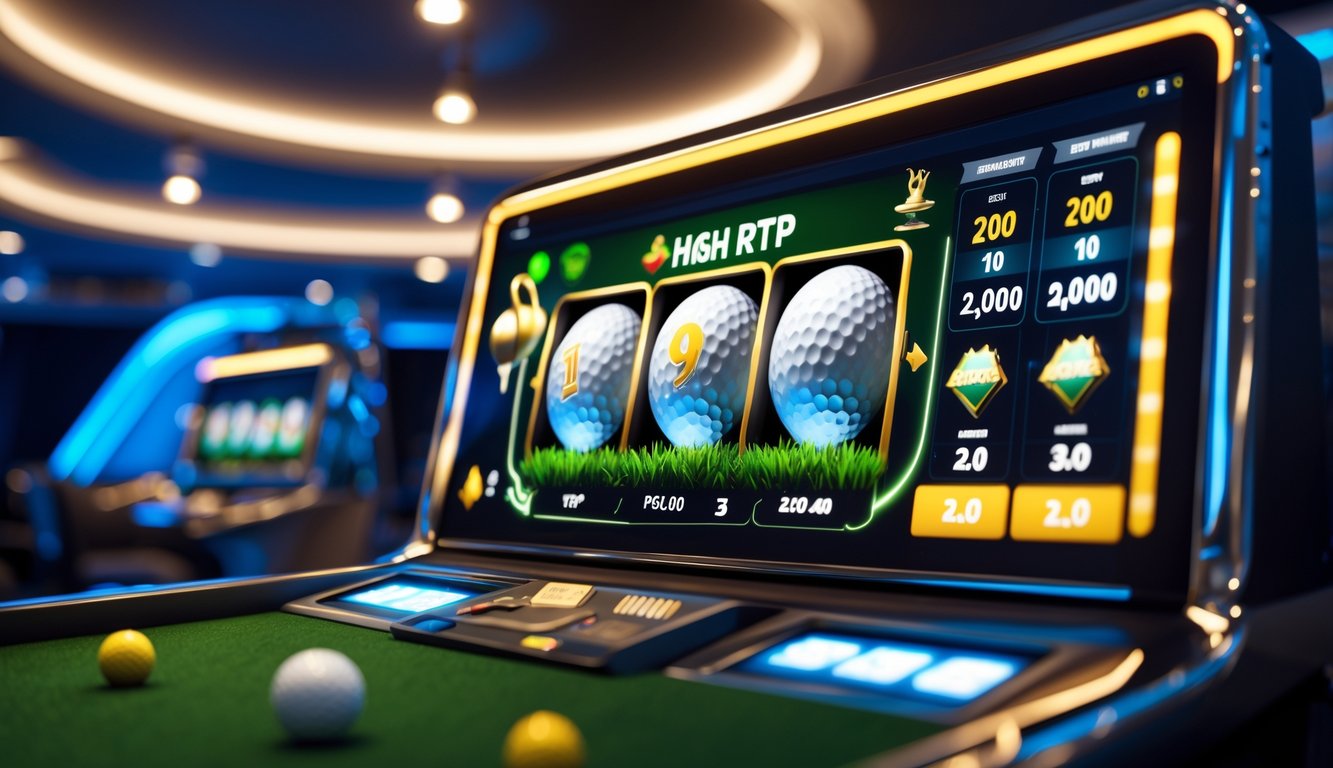 Antarmuka permainan slot online dengan tema golf menampilkan ikon bola golf, tongkat golf, dan trofi di latar kasino modern.