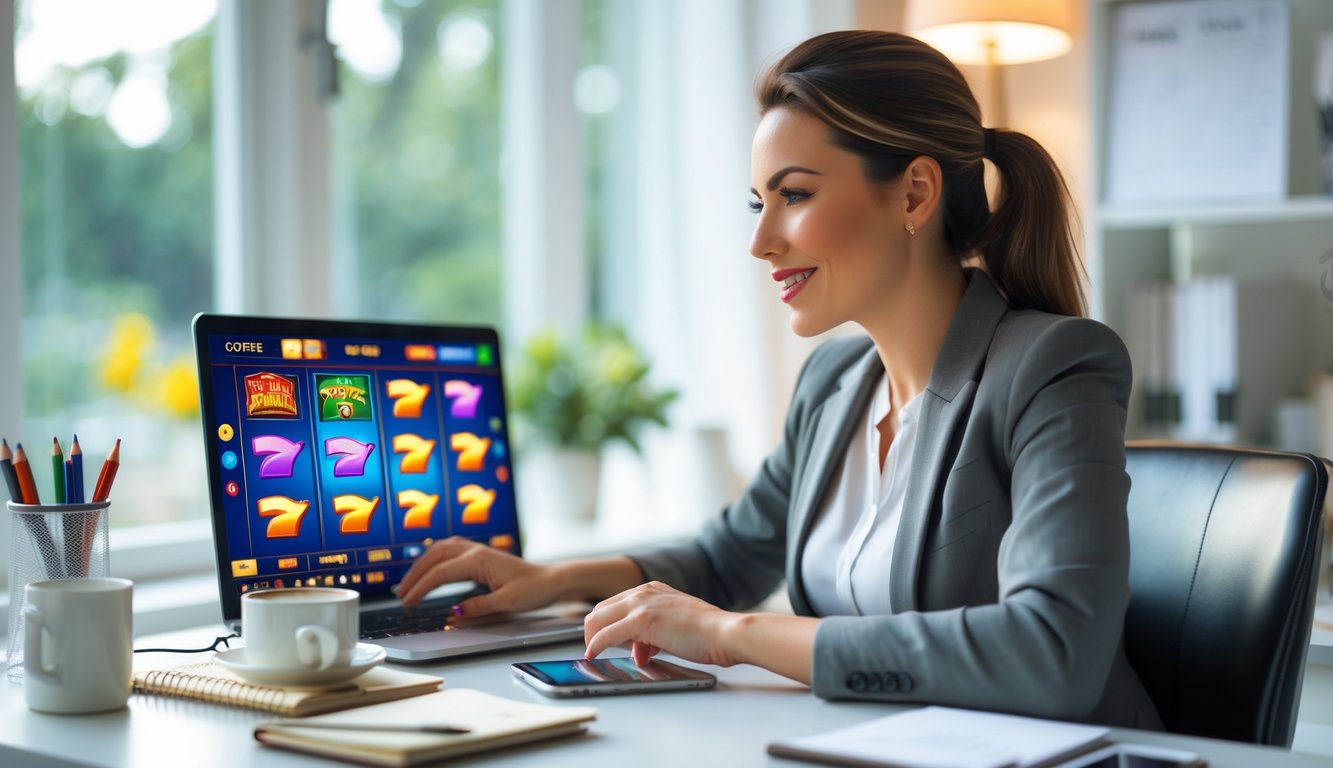 Seorang wanita muda duduk di meja dengan laptop yang menampilkan permainan slot online, terlihat fokus dan santai di ruangan yang terang.