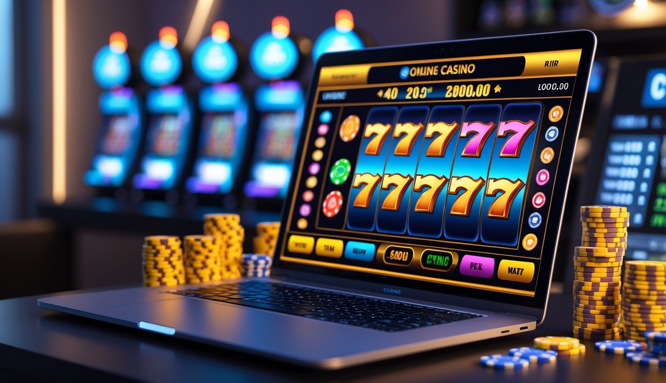 Seorang pengguna sedang bermain game slot online di komputer dengan latar ruang tamu yang nyaman dan pencahayaan hangat.