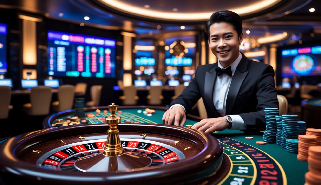 Meja roulette dengan dealer profesional sedang mengelola permainan di kasino modern.