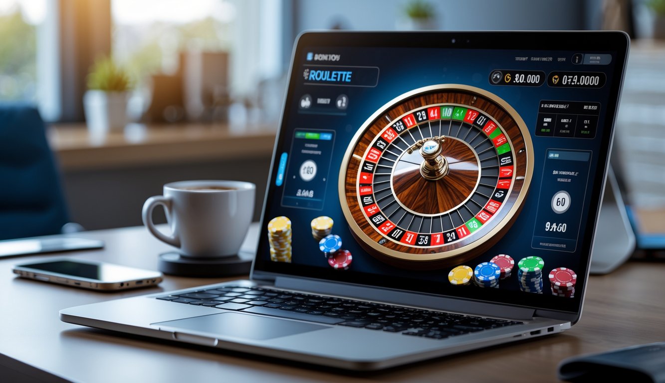 Layar laptop menampilkan permainan roulette online dengan roda roulette dan chip taruhan, di meja kerja modern dengan ponsel dan cangkir kopi.