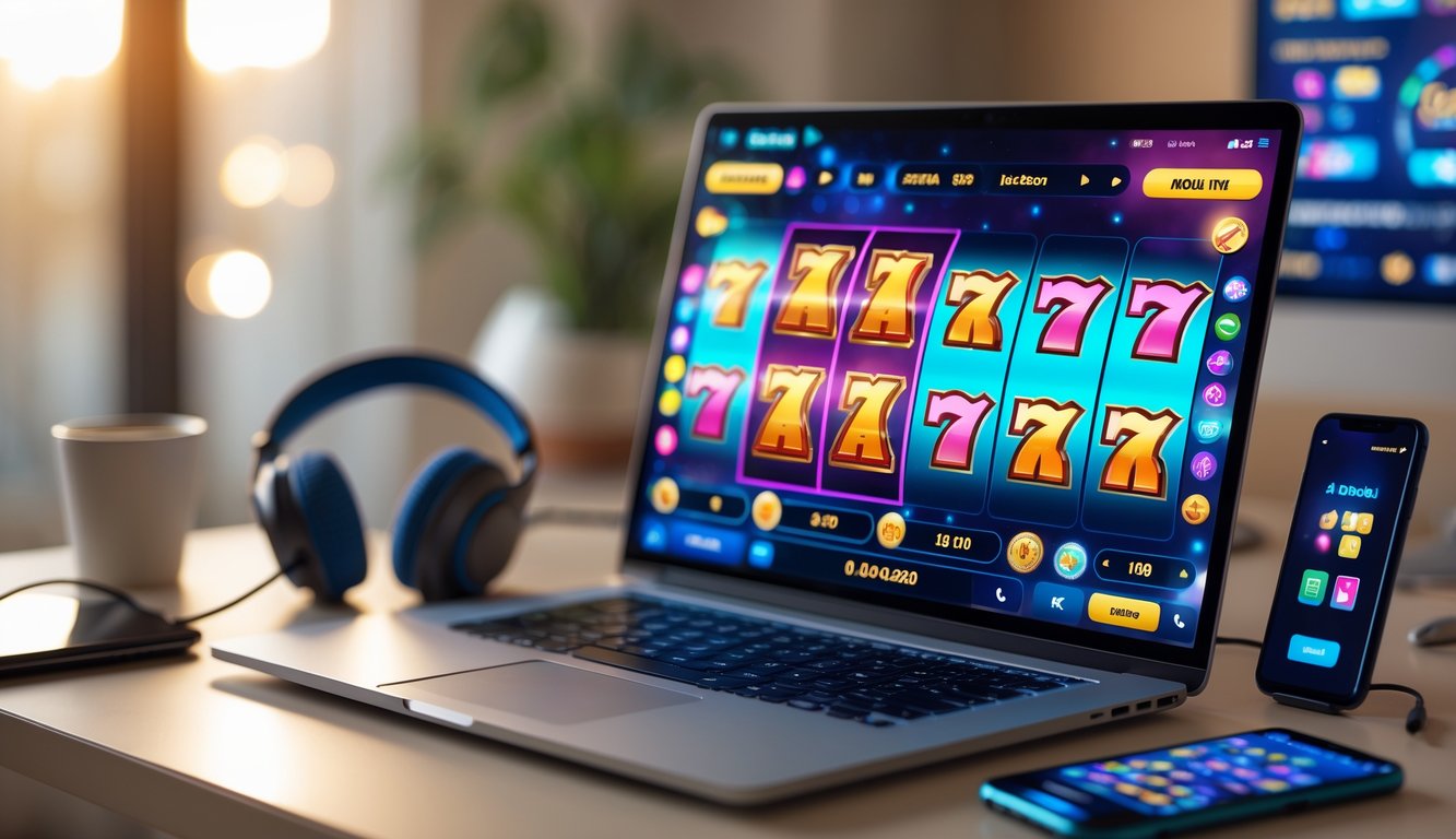 Sebuah laptop menampilkan permainan slot online dengan simbol warna-warni di meja kerja yang rapi, dikelilingi oleh headphone, ponsel, dan secangkir kopi.