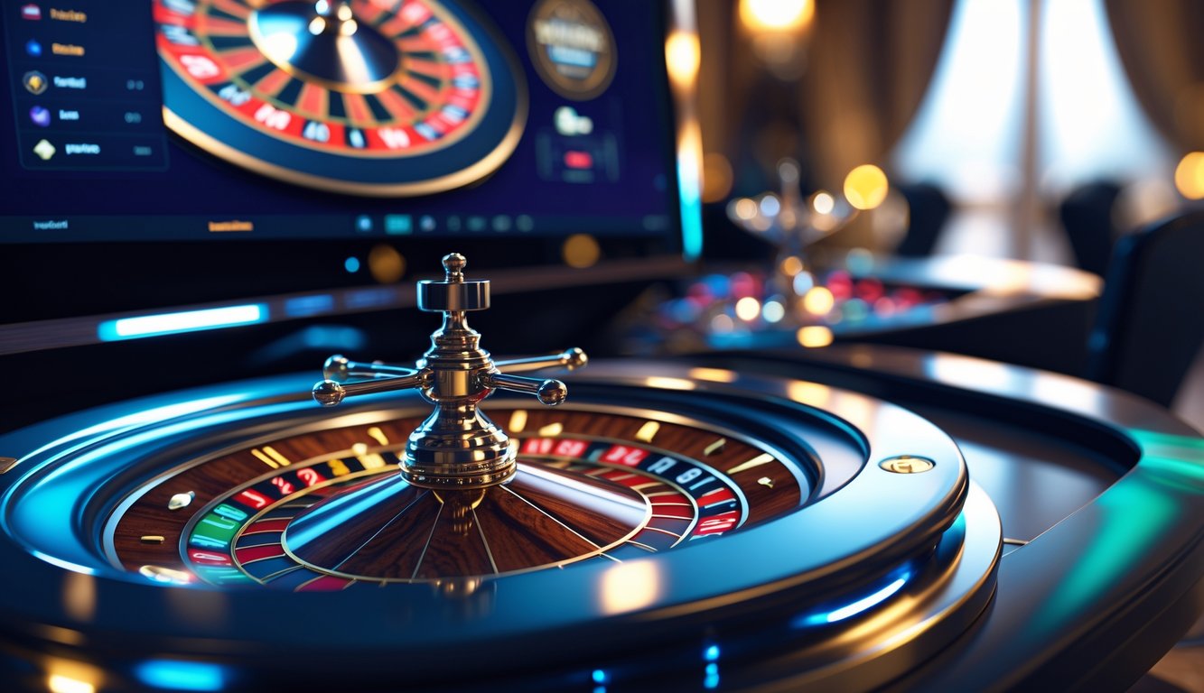 Layar komputer menampilkan permainan roulette virtual dengan roda roulette berputar di meja kasino online yang mewah.