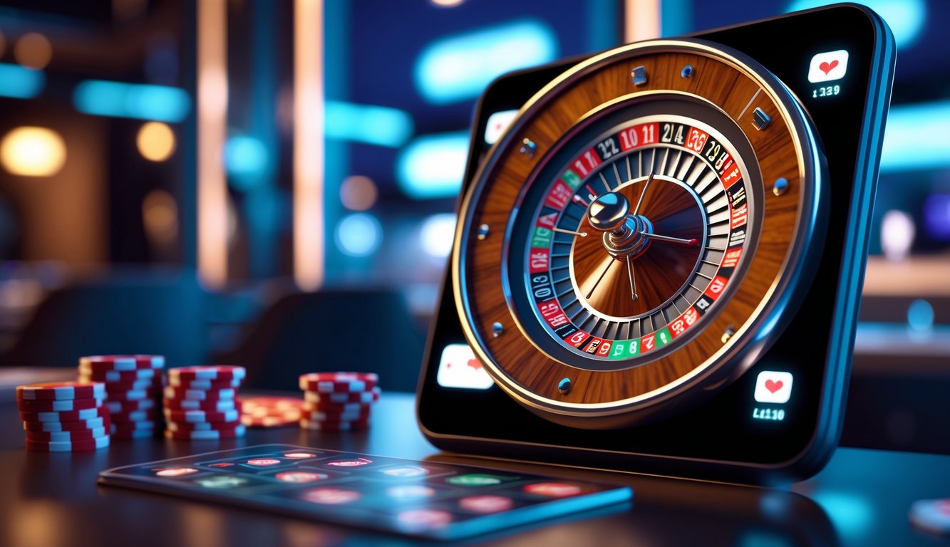 Tampilan layar perangkat yang menampilkan permainan roulette online dengan roda yang berputar cepat dan antarmuka kasino digital yang berwarna-warni.