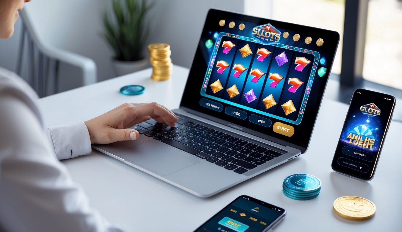 Seorang pengguna laptop sedang bermain permainan slot online di ruang kerja modern dengan dekorasi minimalis.