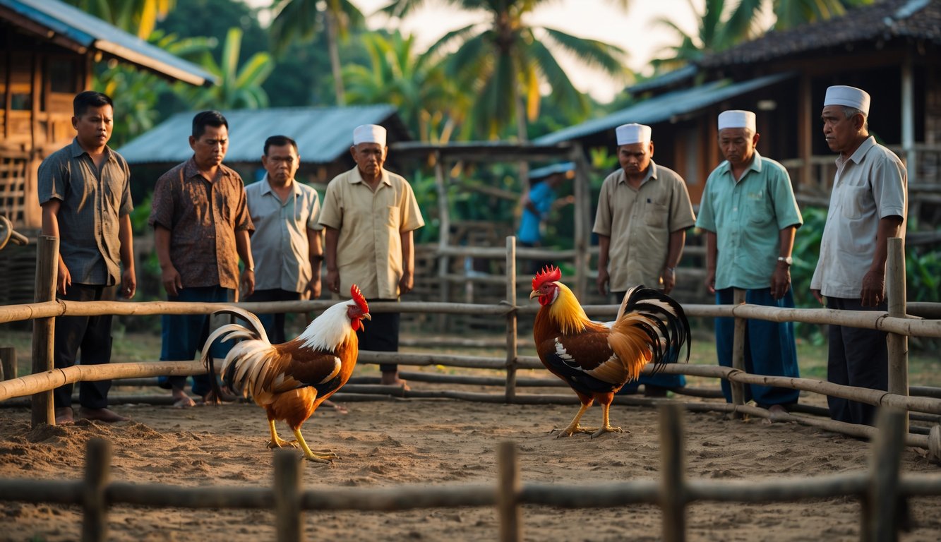 Sekelompok pria sedang menyaksikan ayam aduan bertarung di arena luar ruangan di desa dengan latar belakang rumah tradisional dan pepohonan hijau.