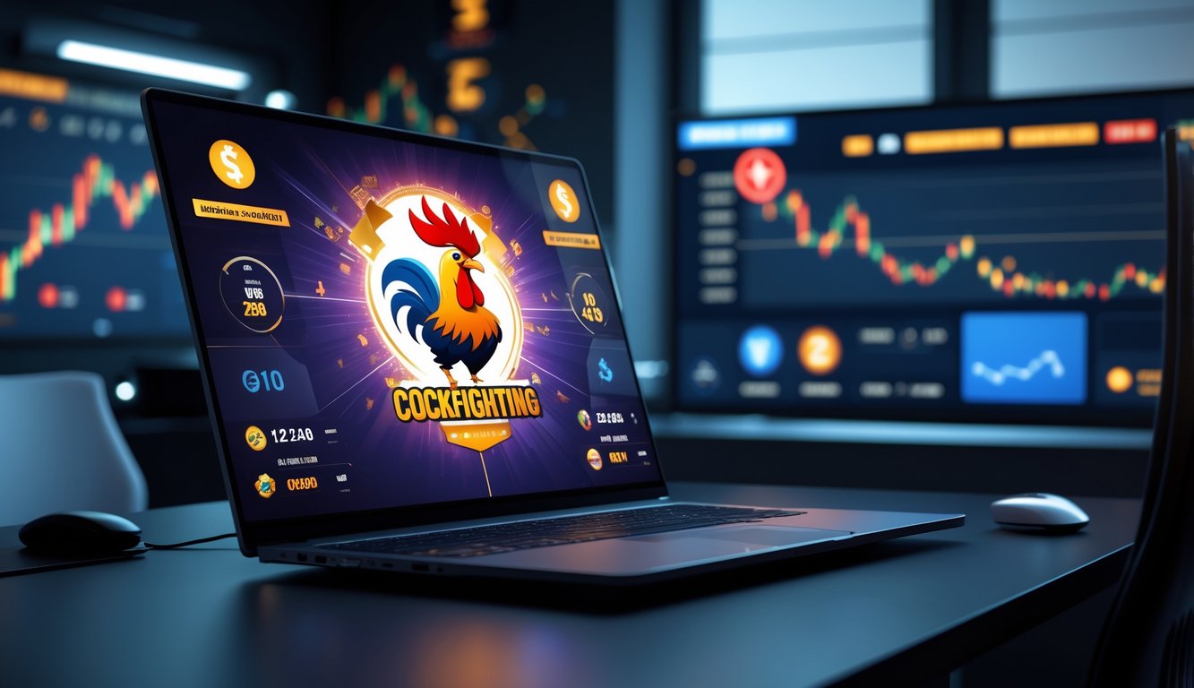 Seseorang menggunakan komputer dengan layar menampilkan ikon ayam jago dan elemen taruhan daring.
