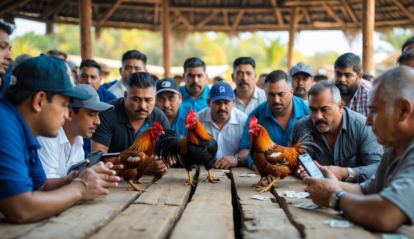 Sekelompok pria sedang menyaksikan pertarungan ayam jago dan memasang taruhan secara langsung di arena terbuka.
