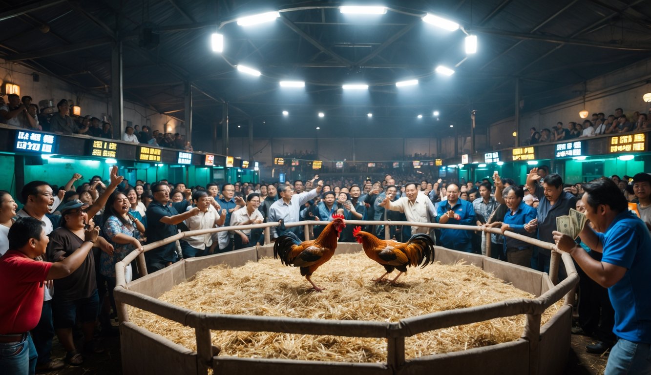 Suasana arena sabung ayam 24 jam dengan dua ayam bertarung di tengah dan penonton yang antusias mengamati.