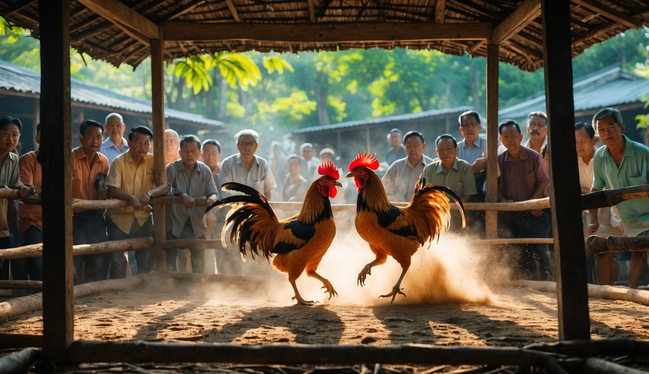 Dua ayam jago sedang bertarung di arena kayu dengan sekelompok pria menonton di latar belakang pedesaan yang hijau.