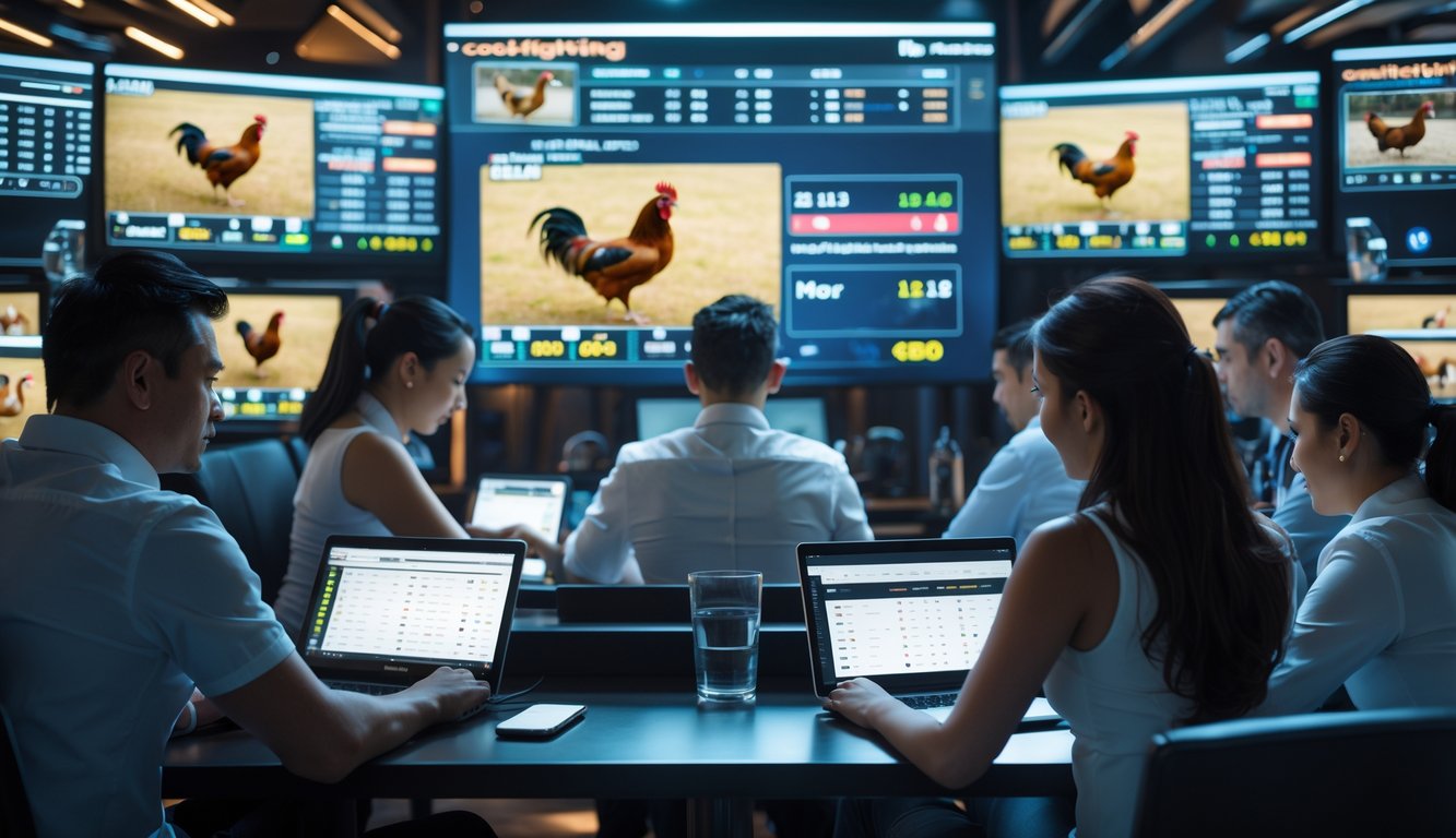 Orang-orang sedang menggunakan perangkat digital untuk memasang taruhan dalam acara sabung ayam online.