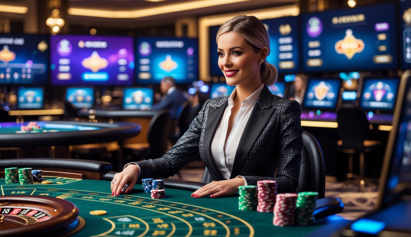Seorang dealer wanita profesional di meja kasino mewah dengan monitor yang menampilkan permainan kasino langsung.