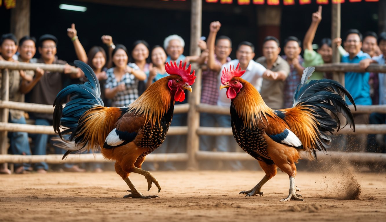 Adegan pertandingan sabung ayam tradisional dengan dua ayam bertarung dan penonton yang antusias di sekitar arena.