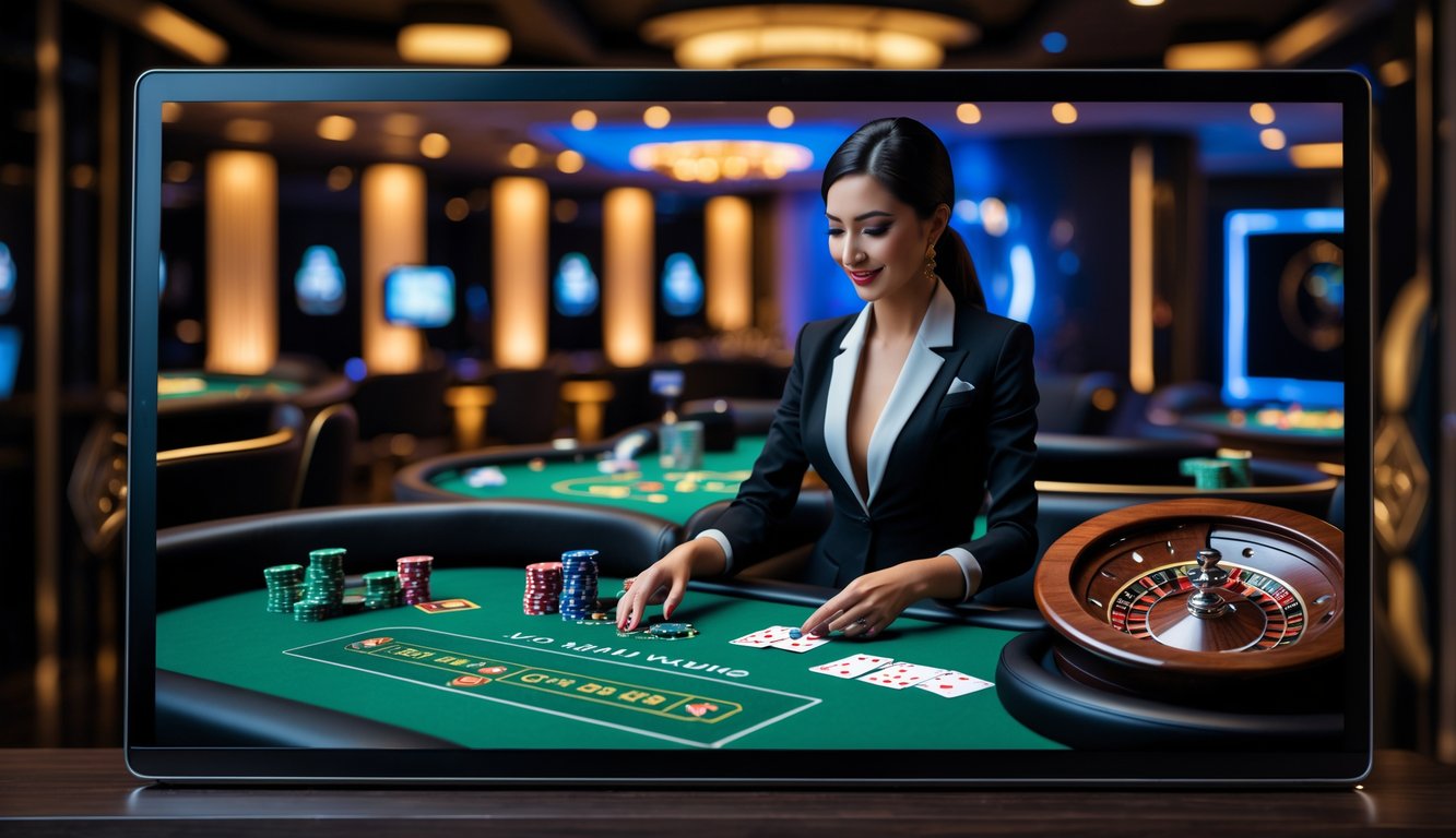 Seorang dealer wanita sedang membagikan kartu di meja kasino yang terlihat di layar komputer modern dengan suasana kasino yang elegan di latar belakang.