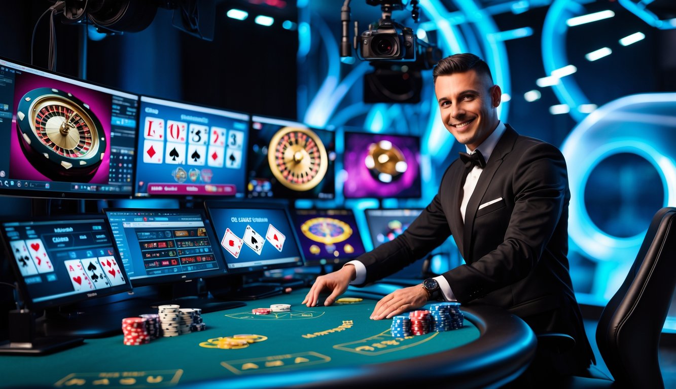 Seorang dealer kasino profesional sedang bermain kartu di studio streaming dengan monitor besar menampilkan permainan kasino online secara langsung.