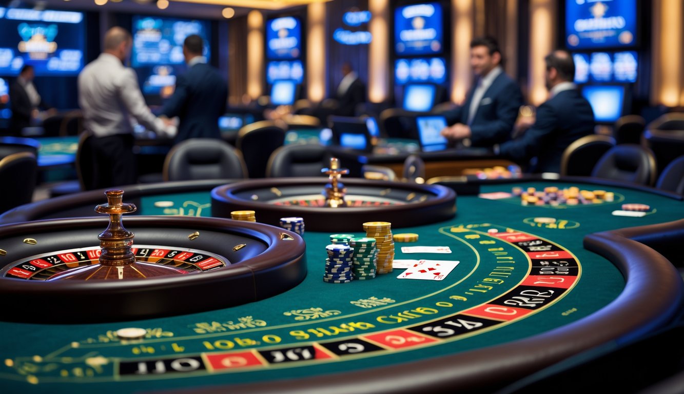 Suasana kasino online dengan beberapa meja permainan dan dealer yang sedang melayani pemain melalui video streaming.