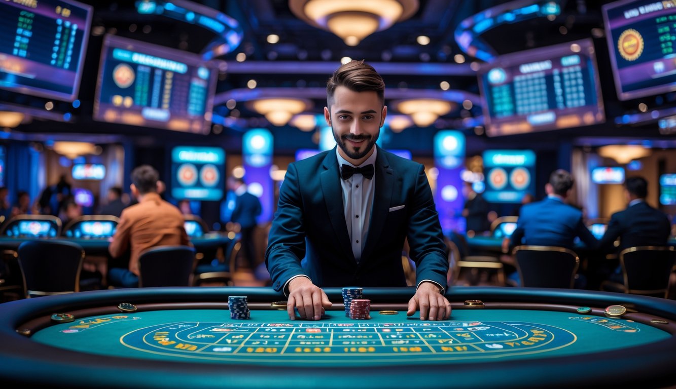 Suasana meja kasino langsung dengan dealer dan layar digital yang menampilkan permainan kasino online secara real-time.