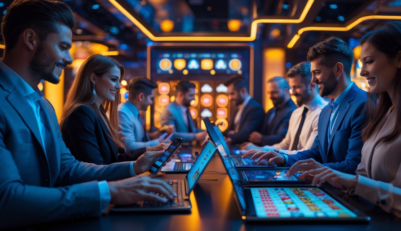 Orang-orang sedang bermain permainan kasino online di perangkat digital dalam suasana yang aman dan menyenangkan.