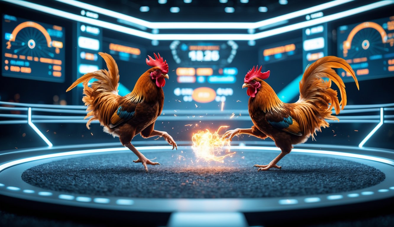 Dua ayam jago sedang bertarung dalam arena virtual dengan tampilan teknologi modern di latar belakang.
