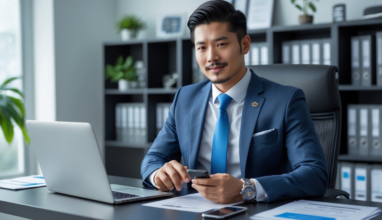 Seorang pria Asia Tenggara sedang duduk di meja kantor modern, fokus melakukan transaksi bisnis resmi terkait agen sabung ayam.