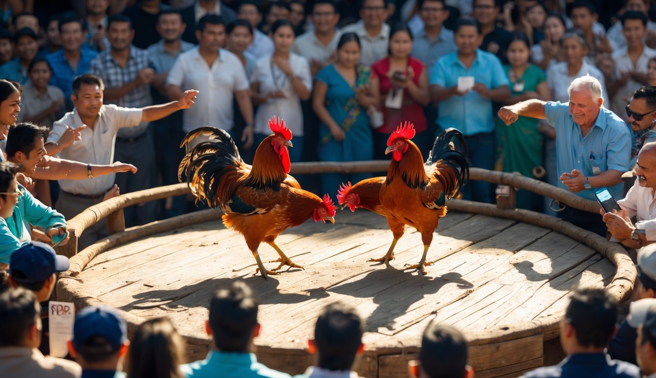 Adegan pertarungan ayam jago di arena terbuka dengan penonton yang antusias dan aktivitas pembayaran cepat di latar belakang.