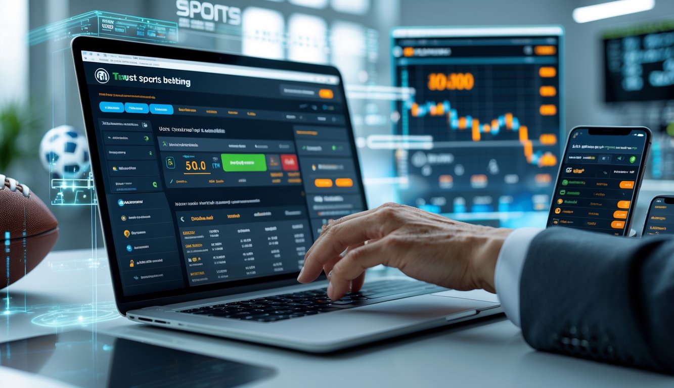 Seorang pengguna berinteraksi dengan laptop yang menampilkan situs taruhan bola online dengan statistik dan prediksi pertandingan sepak bola.
